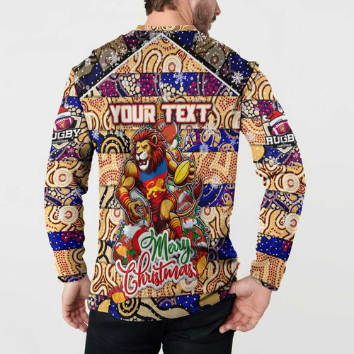 Custom Lions Rugby Merry Christmas Button Sweatshirt Indigenous Australian Art