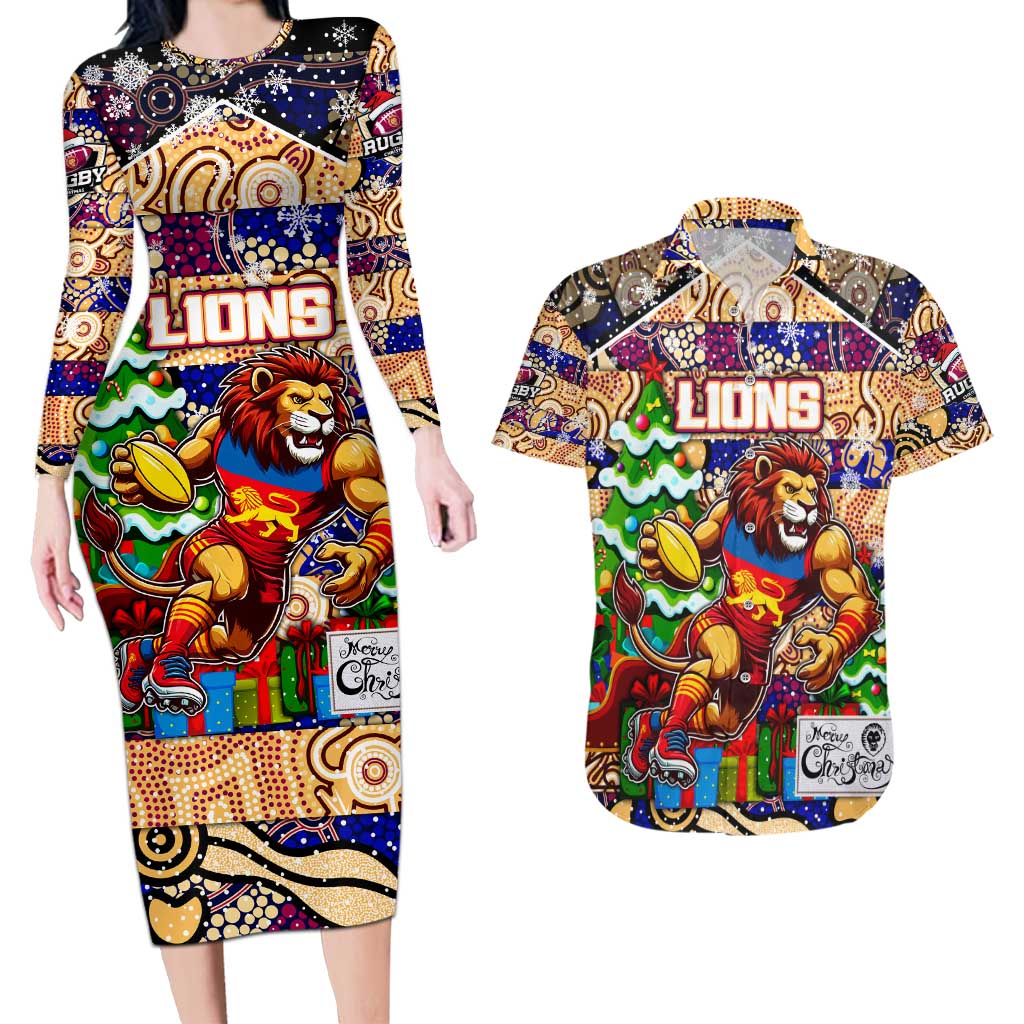 Custom Lions Rugby Merry Christmas Couples Matching Long Sleeve Bodycon Dress and Hawaiian Shirt Indigenous Australian Art