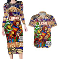 Custom Lions Rugby Merry Christmas Couples Matching Long Sleeve Bodycon Dress and Hawaiian Shirt Indigenous Australian Art