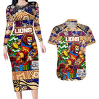 Custom Lions Rugby Merry Christmas Couples Matching Long Sleeve Bodycon Dress and Hawaiian Shirt Indigenous Australian Art