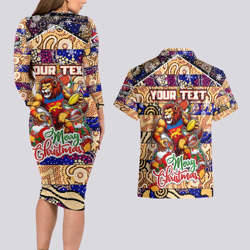 Custom Lions Rugby Merry Christmas Couples Matching Long Sleeve Bodycon Dress and Hawaiian Shirt Indigenous Australian Art