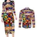 Custom Lions Rugby Merry Christmas Couples Matching Long Sleeve Bodycon Dress and Long Sleeve Button Shirt Indigenous Australian Art