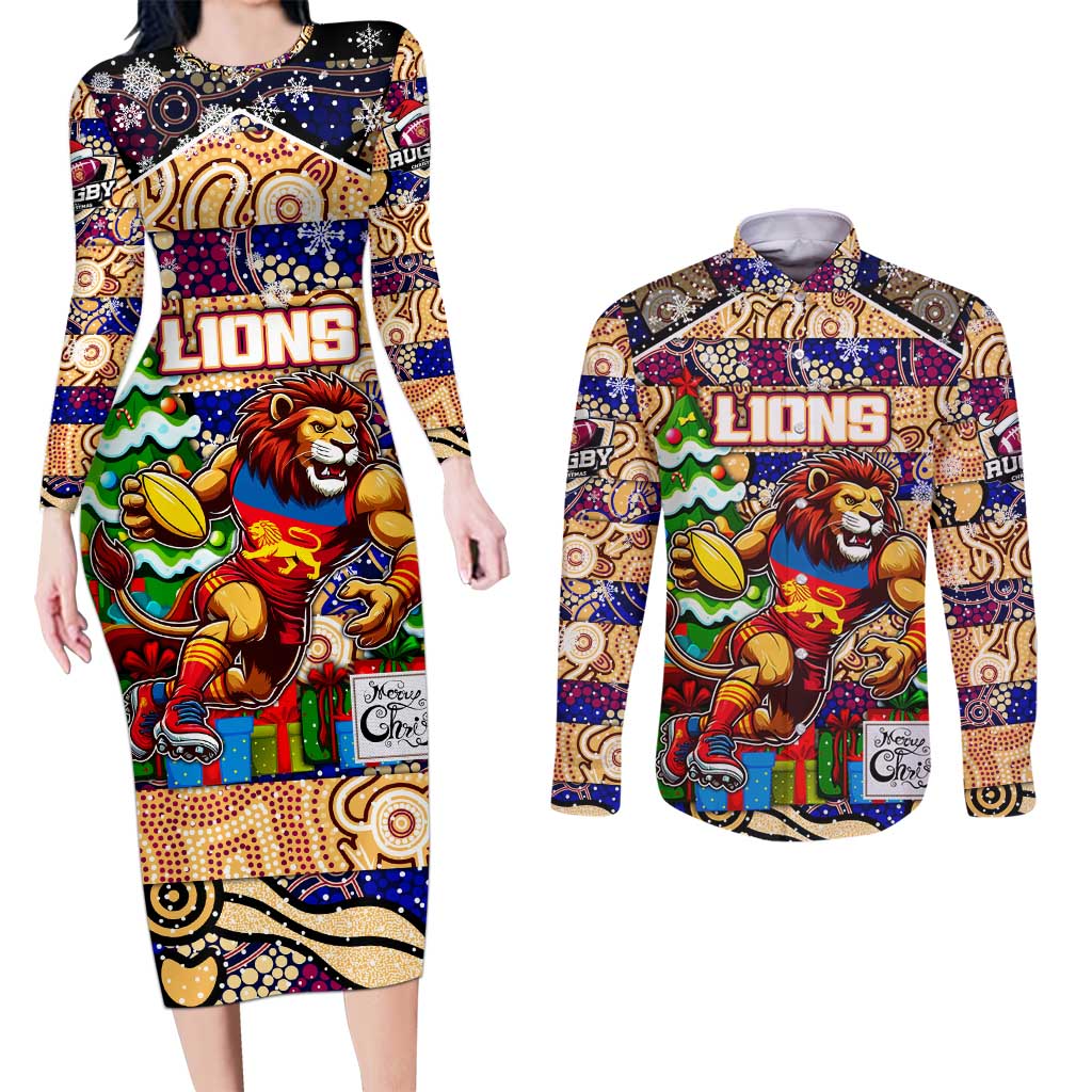 Custom Lions Rugby Merry Christmas Couples Matching Long Sleeve Bodycon Dress and Long Sleeve Button Shirt Indigenous Australian Art