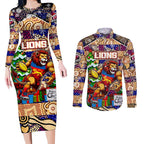 Custom Lions Rugby Merry Christmas Couples Matching Long Sleeve Bodycon Dress and Long Sleeve Button Shirt Indigenous Australian Art