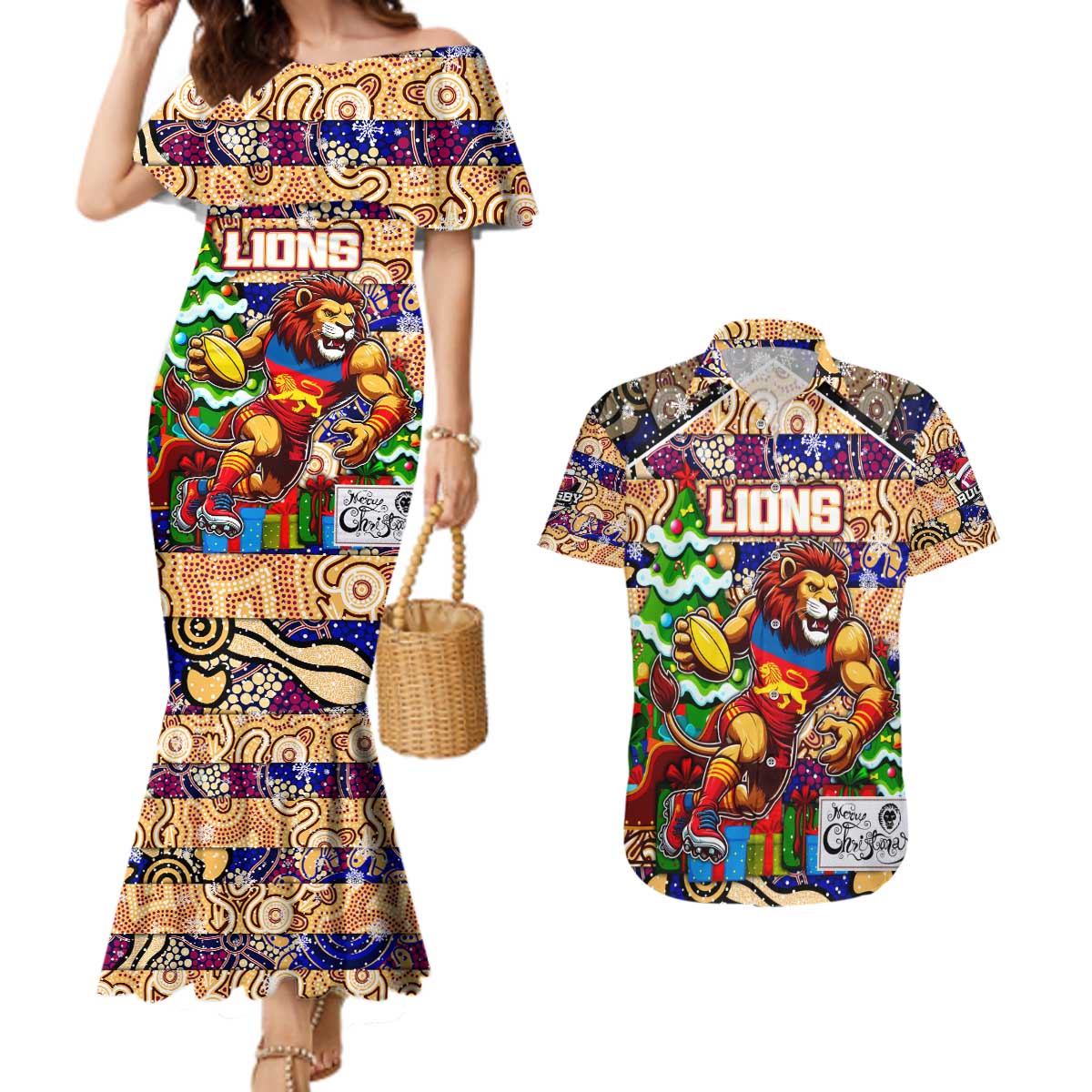 Custom Lions Rugby Merry Christmas Couples Matching Mermaid Dress and Hawaiian Shirt Indigenous Australian Art