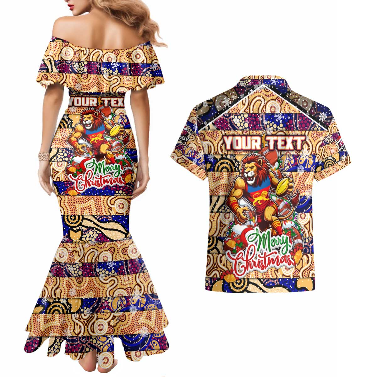 Custom Lions Rugby Merry Christmas Couples Matching Mermaid Dress and Hawaiian Shirt Indigenous Australian Art
