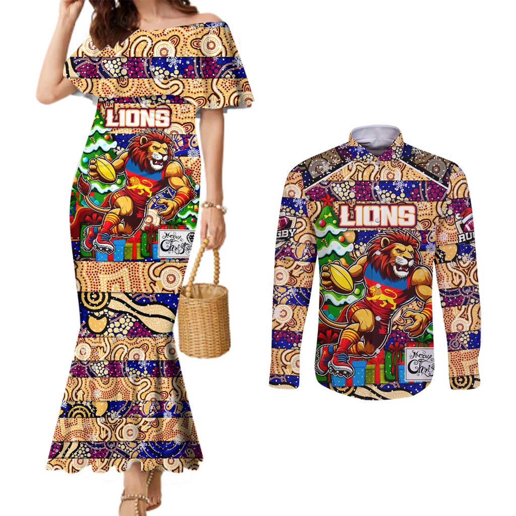 Custom Lions Rugby Merry Christmas Couples Matching Mermaid Dress and Long Sleeve Button Shirt Indigenous Australian Art
