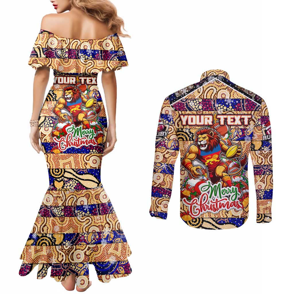 Custom Lions Rugby Merry Christmas Couples Matching Mermaid Dress and Long Sleeve Button Shirt Indigenous Australian Art