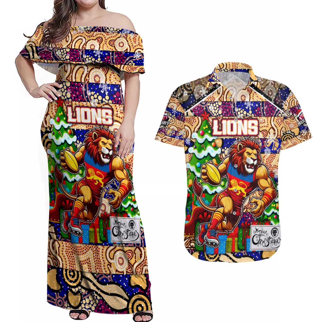 Custom Lions Rugby Merry Christmas Couples Matching Off Shoulder Maxi Dress and Hawaiian Shirt Indigenous Australian Art