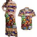 Custom Lions Rugby Merry Christmas Couples Matching Off Shoulder Maxi Dress and Hawaiian Shirt Indigenous Australian Art