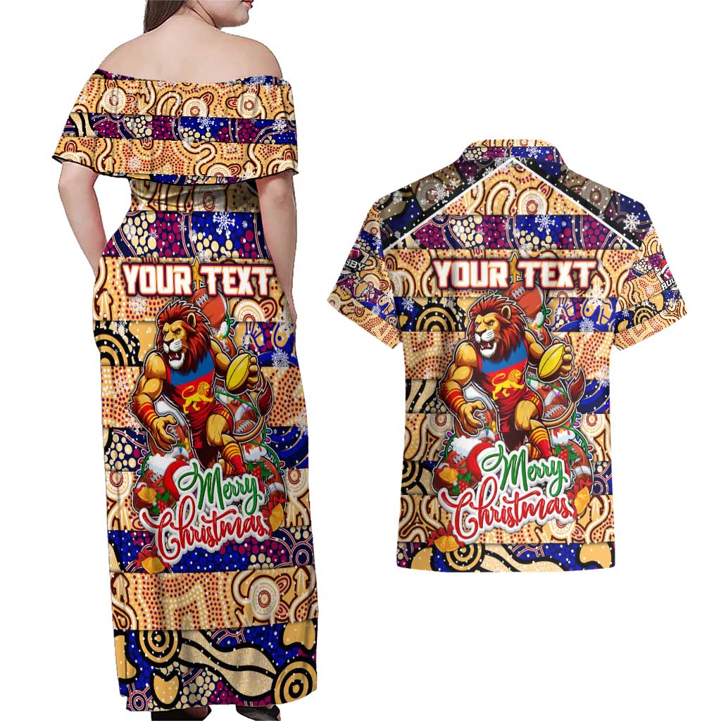 Custom Lions Rugby Merry Christmas Couples Matching Off Shoulder Maxi Dress and Hawaiian Shirt Indigenous Australian Art