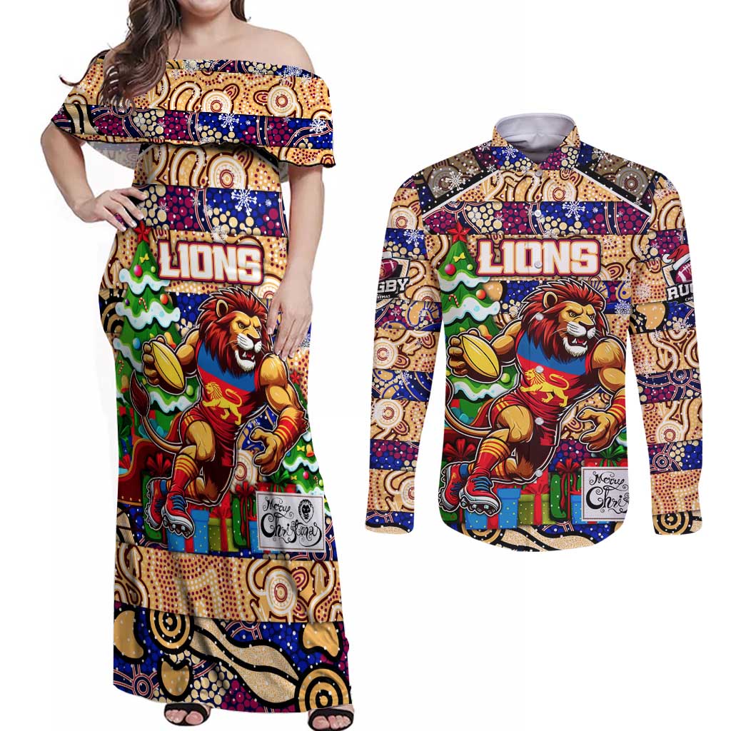 Custom Lions Rugby Merry Christmas Couples Matching Off Shoulder Maxi Dress and Long Sleeve Button Shirt Indigenous Australian Art