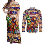 Custom Lions Rugby Merry Christmas Couples Matching Off Shoulder Maxi Dress and Long Sleeve Button Shirt Indigenous Australian Art
