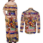 Custom Lions Rugby Merry Christmas Couples Matching Off Shoulder Maxi Dress and Long Sleeve Button Shirt Indigenous Australian Art
