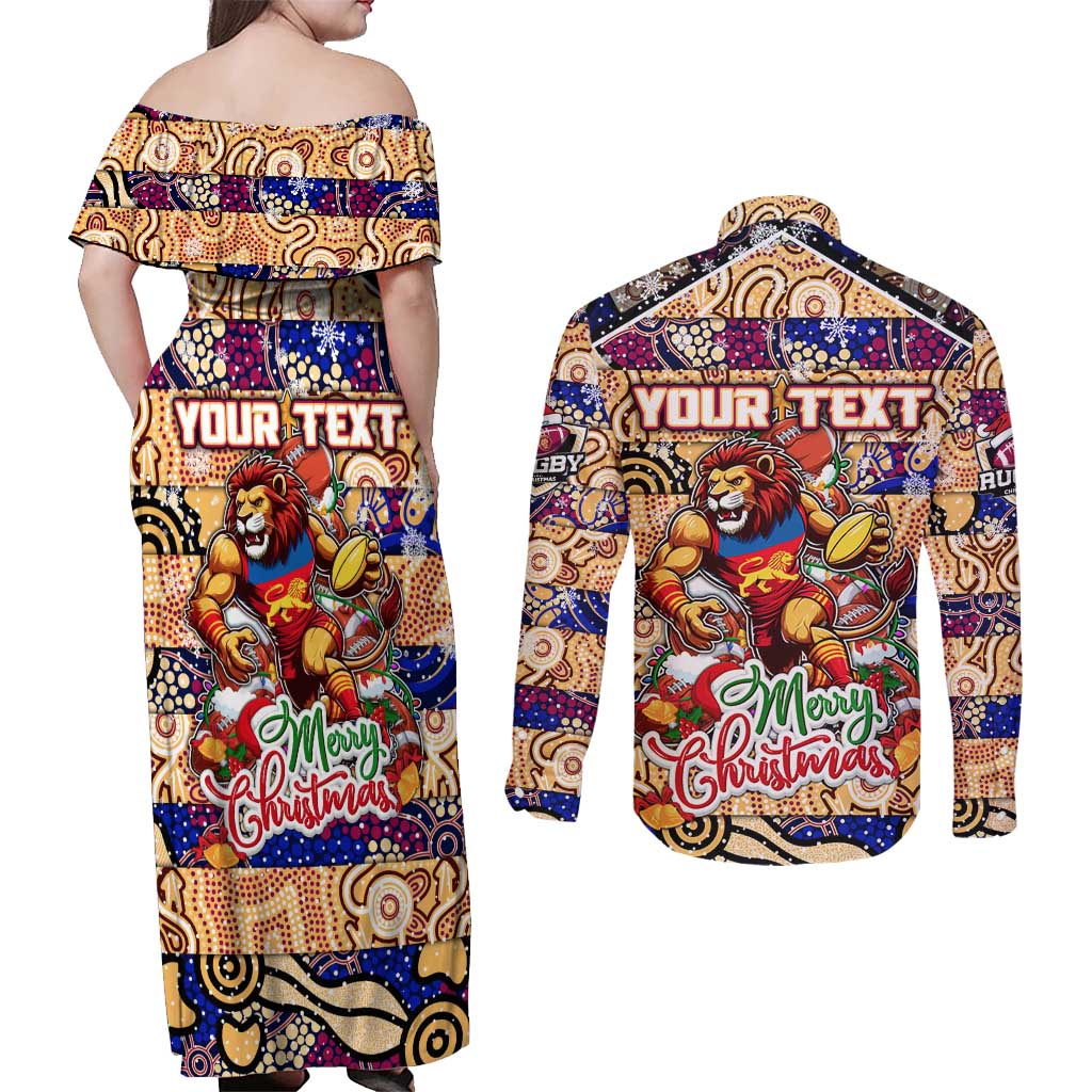 Custom Lions Rugby Merry Christmas Couples Matching Off Shoulder Maxi Dress and Long Sleeve Button Shirt Indigenous Australian Art