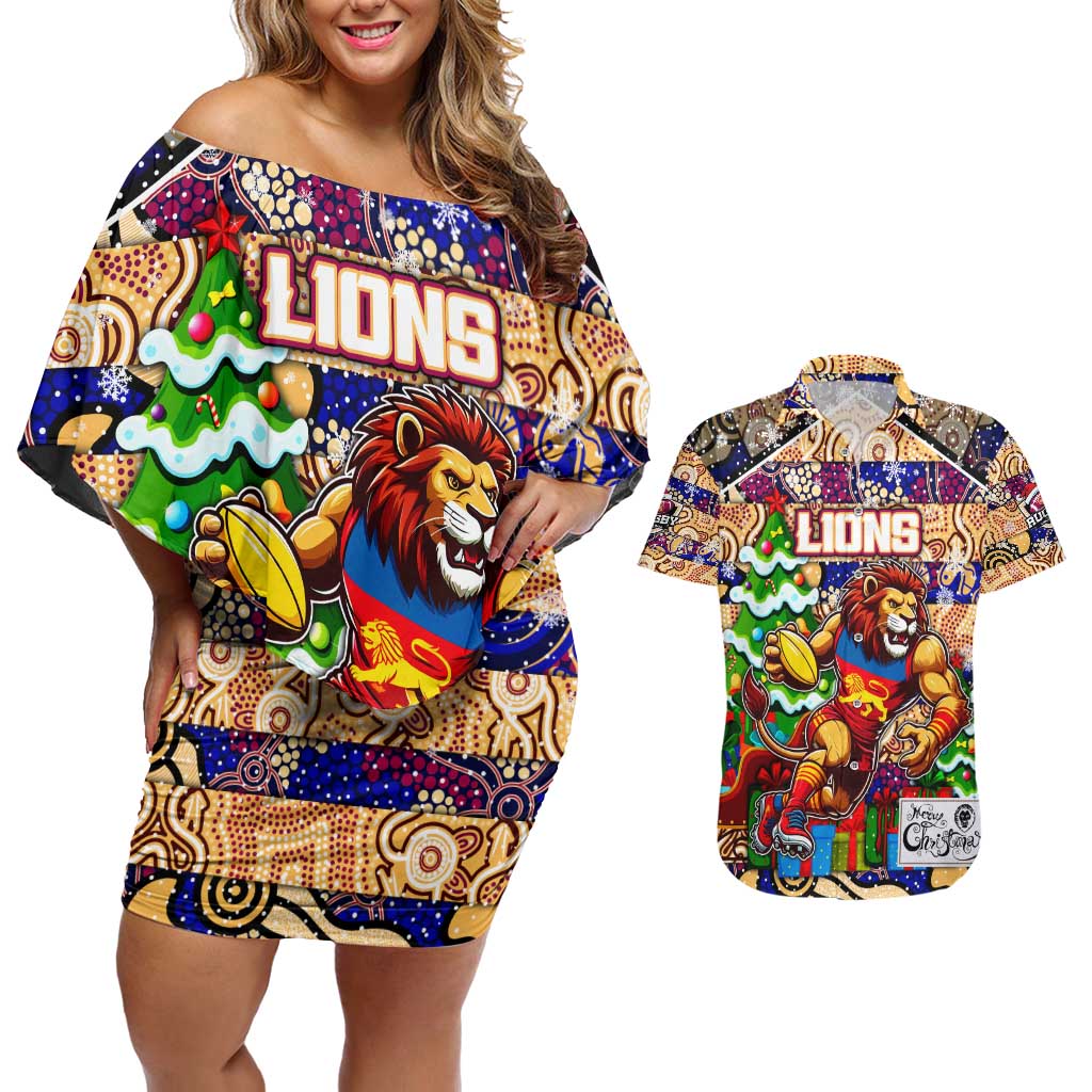 Custom Lions Rugby Merry Christmas Couples Matching Off Shoulder Short Dress and Hawaiian Shirt Indigenous Australian Art