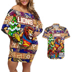 Custom Lions Rugby Merry Christmas Couples Matching Off Shoulder Short Dress and Hawaiian Shirt Indigenous Australian Art