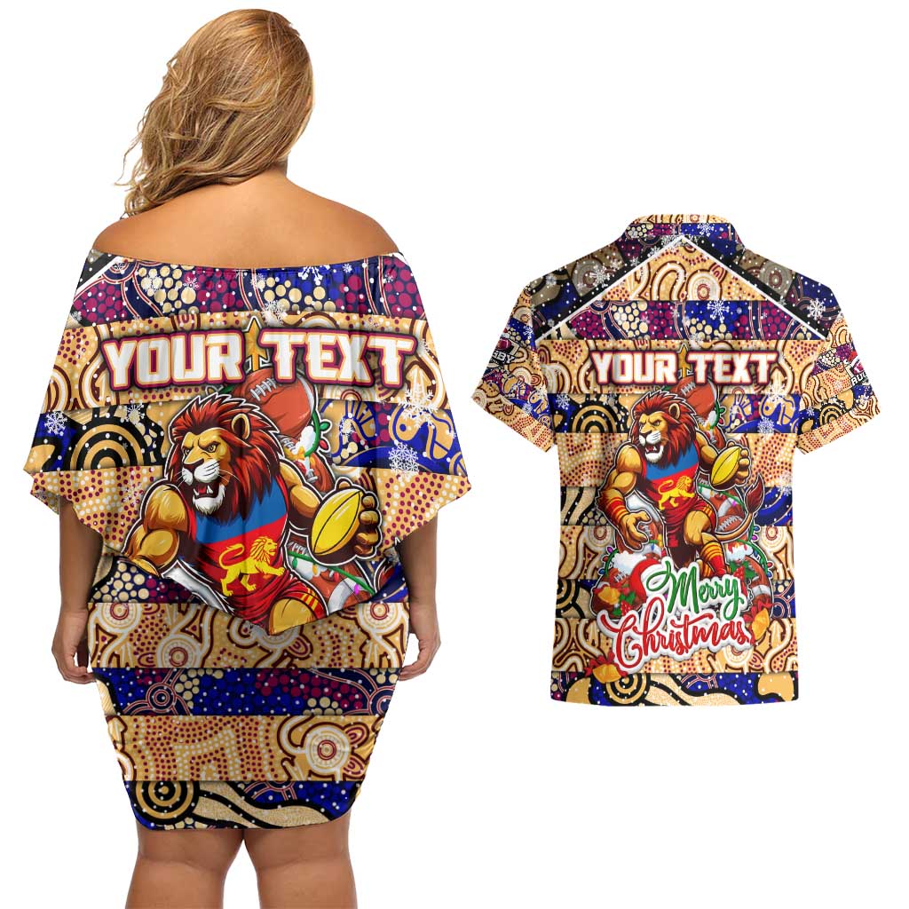 Custom Lions Rugby Merry Christmas Couples Matching Off Shoulder Short Dress and Hawaiian Shirt Indigenous Australian Art