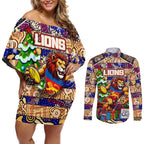 Custom Lions Rugby Merry Christmas Couples Matching Off Shoulder Short Dress and Long Sleeve Button Shirt Indigenous Australian Art