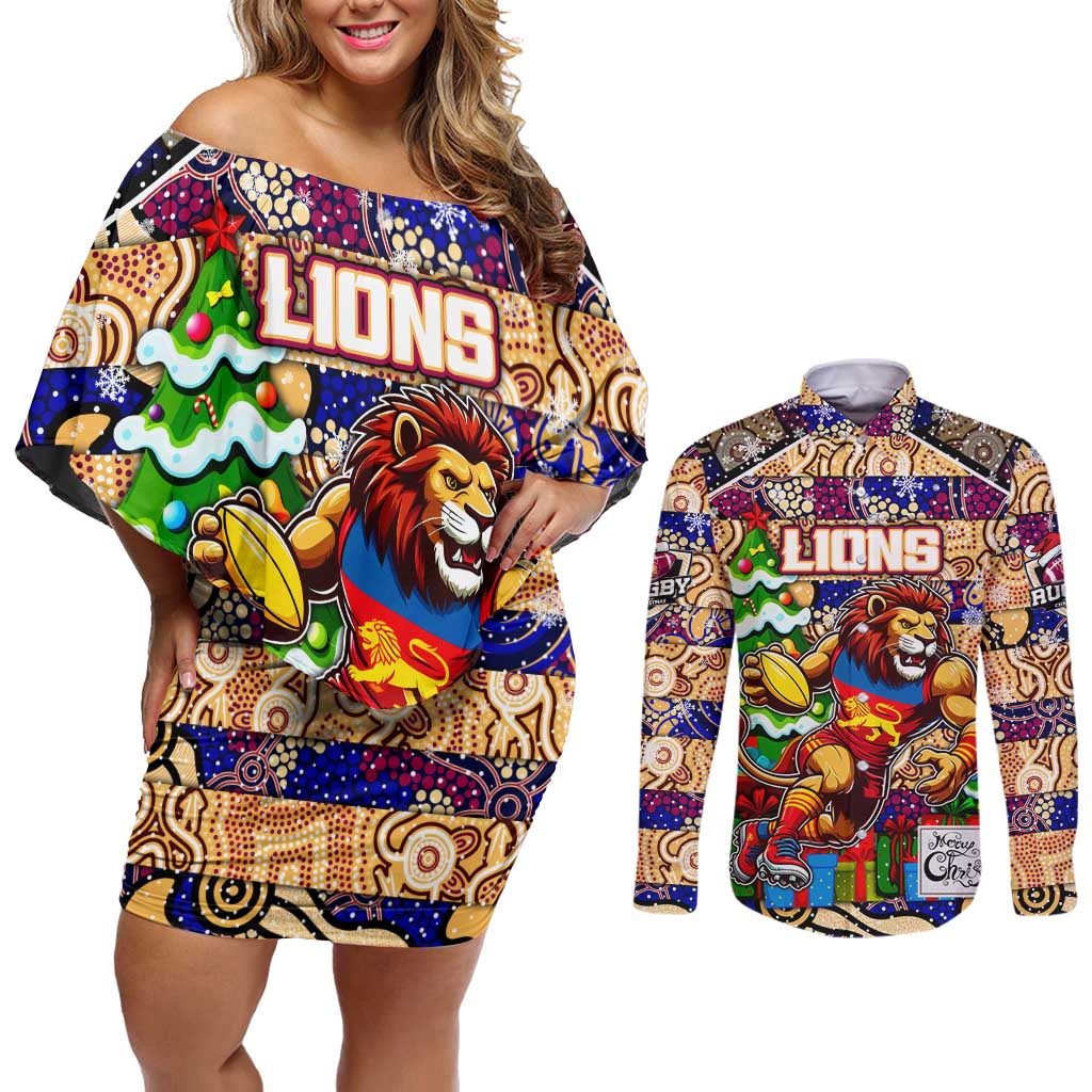 Custom Lions Rugby Merry Christmas Couples Matching Off Shoulder Short Dress and Long Sleeve Button Shirt Indigenous Australian Art