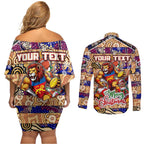 Custom Lions Rugby Merry Christmas Couples Matching Off Shoulder Short Dress and Long Sleeve Button Shirt Indigenous Australian Art