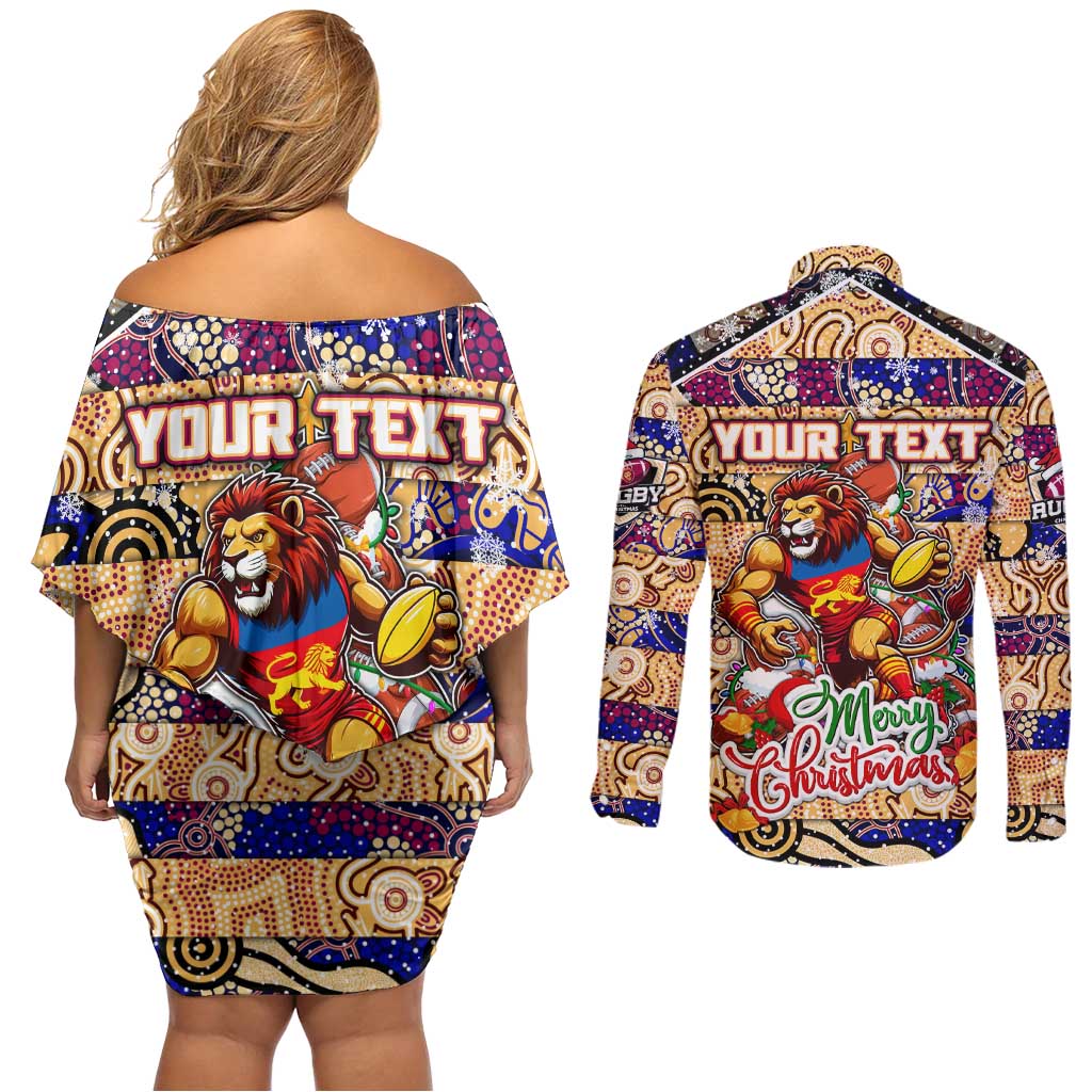 Custom Lions Rugby Merry Christmas Couples Matching Off Shoulder Short Dress and Long Sleeve Button Shirt Indigenous Australian Art