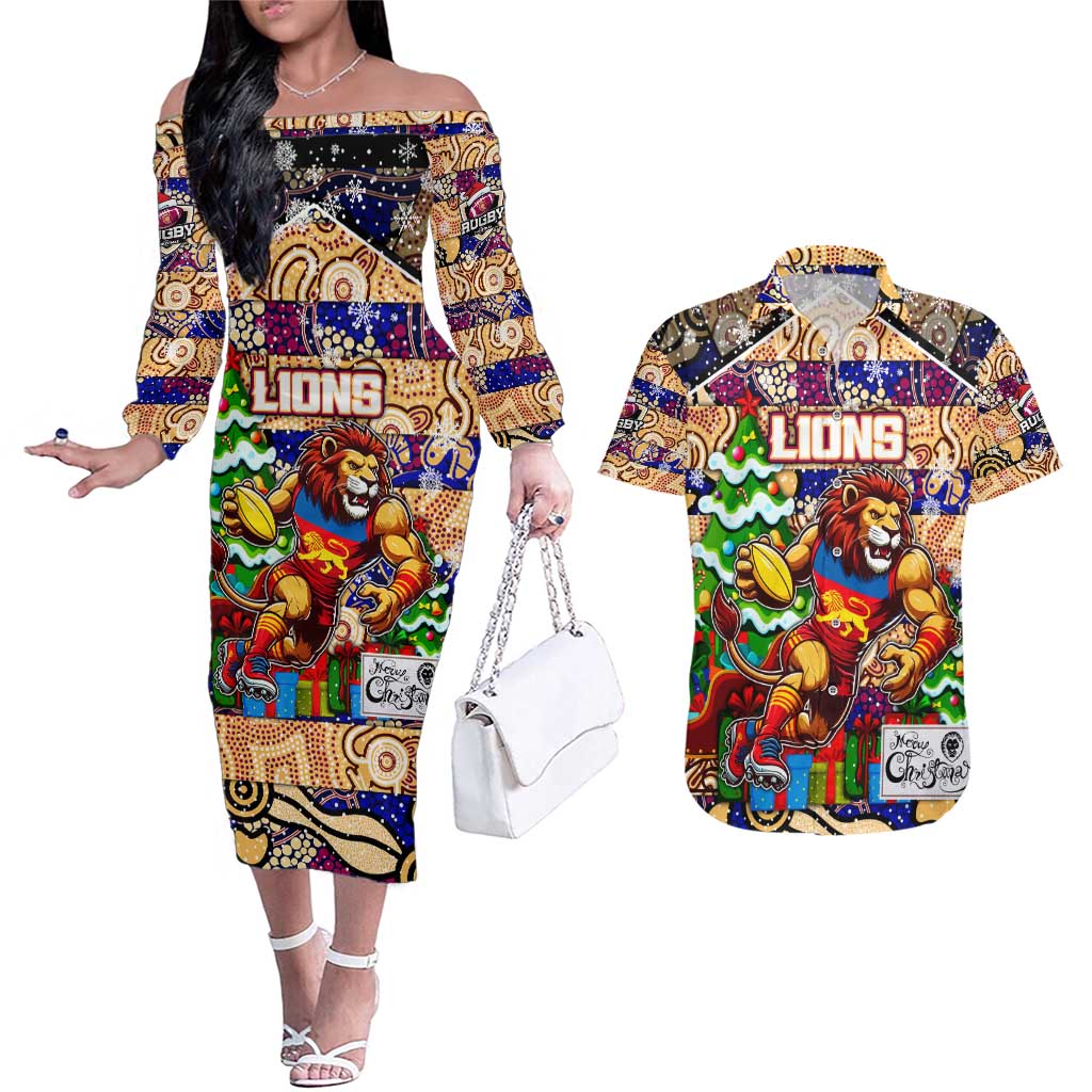 Custom Lions Rugby Merry Christmas Couples Matching Off The Shoulder Long Sleeve Dress and Hawaiian Shirt Indigenous Australian Art