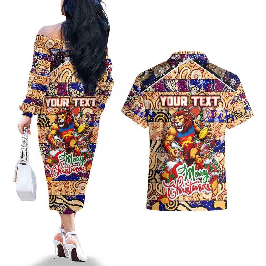 Custom Lions Rugby Merry Christmas Couples Matching Off The Shoulder Long Sleeve Dress and Hawaiian Shirt Indigenous Australian Art