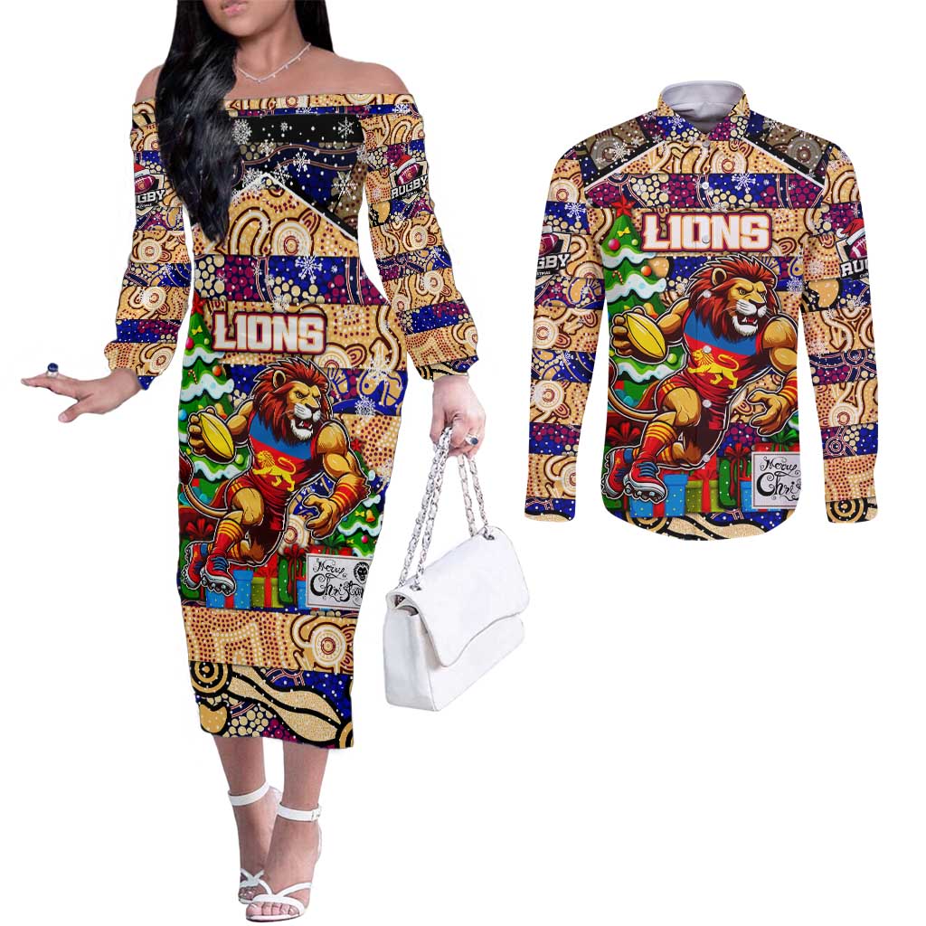 Custom Lions Rugby Merry Christmas Couples Matching Off The Shoulder Long Sleeve Dress and Long Sleeve Button Shirt Indigenous Australian Art