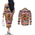 Custom Lions Rugby Merry Christmas Couples Matching Off The Shoulder Long Sleeve Dress and Long Sleeve Button Shirt Indigenous Australian Art