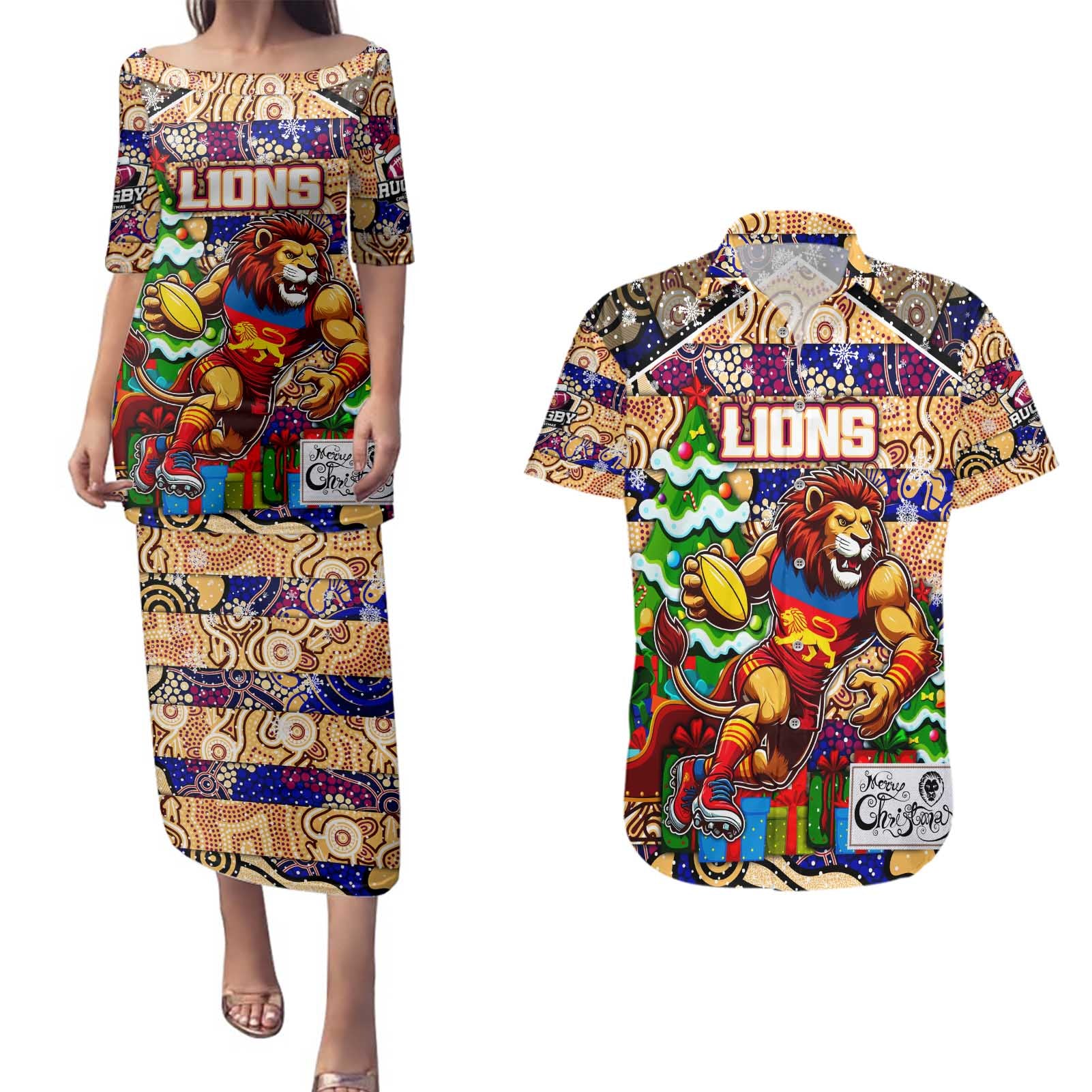 Custom Lions Rugby Merry Christmas Couples Matching Puletasi and Hawaiian Shirt Indigenous Australian Art
