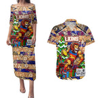Custom Lions Rugby Merry Christmas Couples Matching Puletasi and Hawaiian Shirt Indigenous Australian Art
