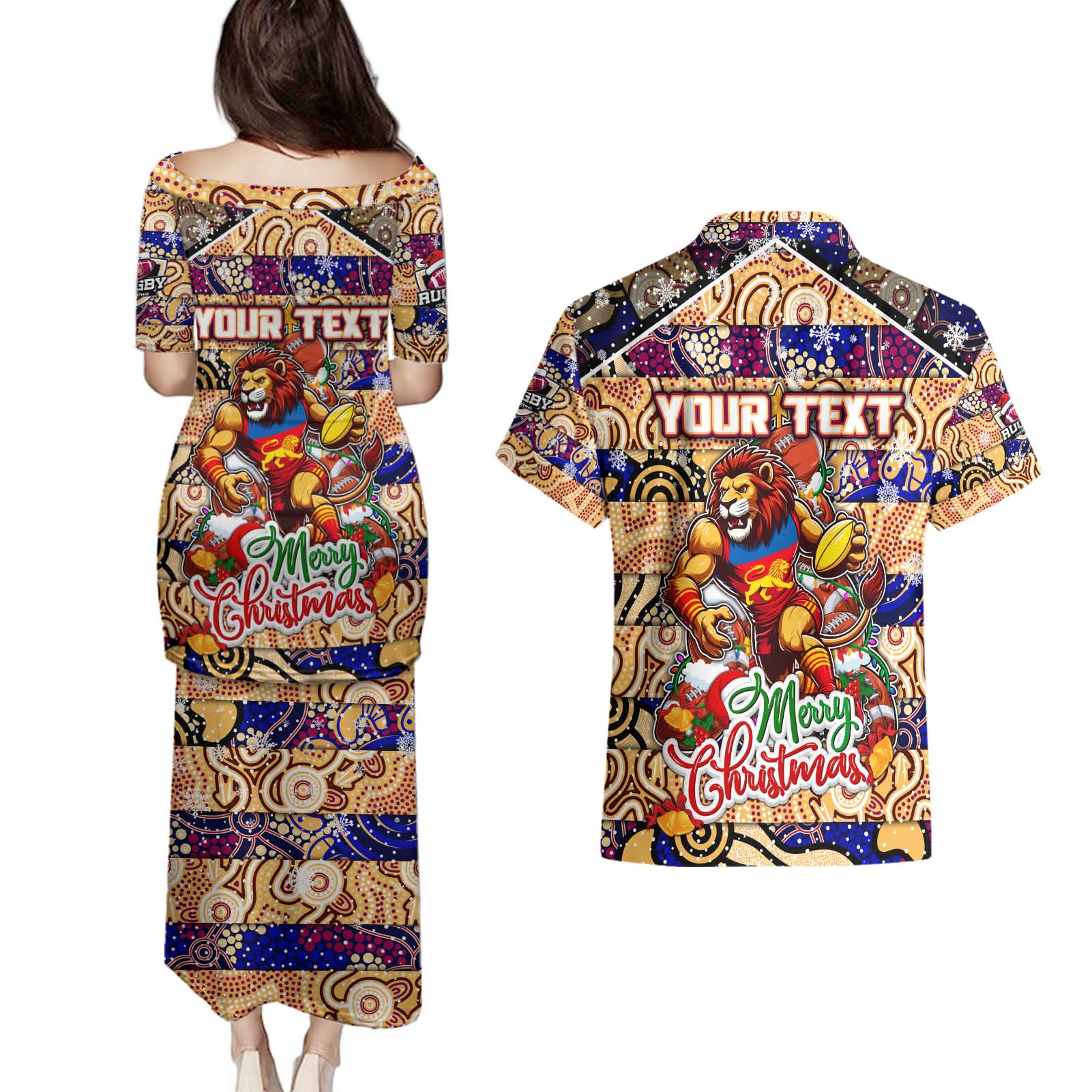 Custom Lions Rugby Merry Christmas Couples Matching Puletasi and Hawaiian Shirt Indigenous Australian Art