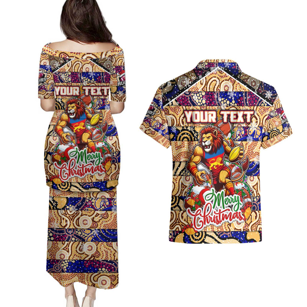 Custom Lions Rugby Merry Christmas Couples Matching Puletasi and Hawaiian Shirt Indigenous Australian Art