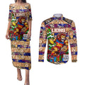 Custom Lions Rugby Merry Christmas Couples Matching Puletasi and Long Sleeve Button Shirt Indigenous Australian Art