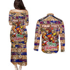 Custom Lions Rugby Merry Christmas Couples Matching Puletasi and Long Sleeve Button Shirt Indigenous Australian Art