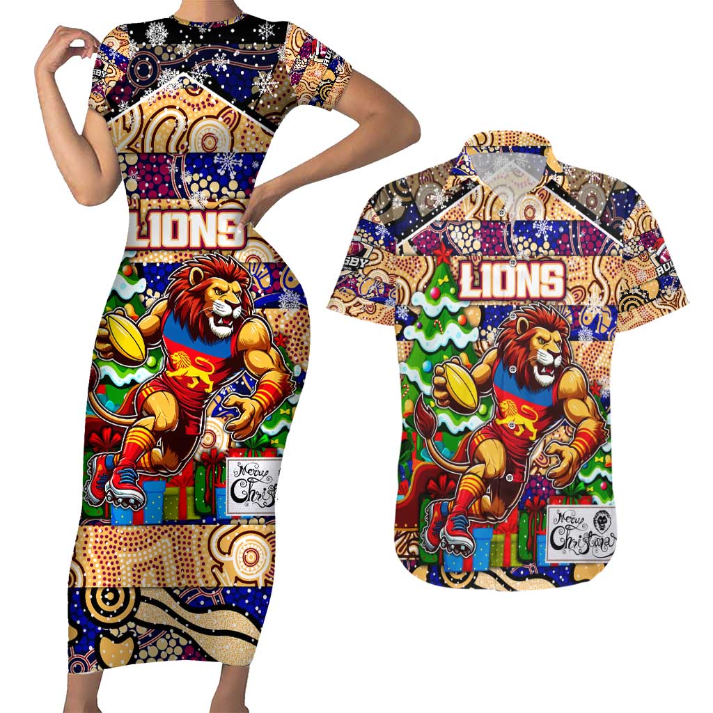 Custom Lions Rugby Merry Christmas Couples Matching Short Sleeve Bodycon Dress and Hawaiian Shirt Indigenous Australian Art