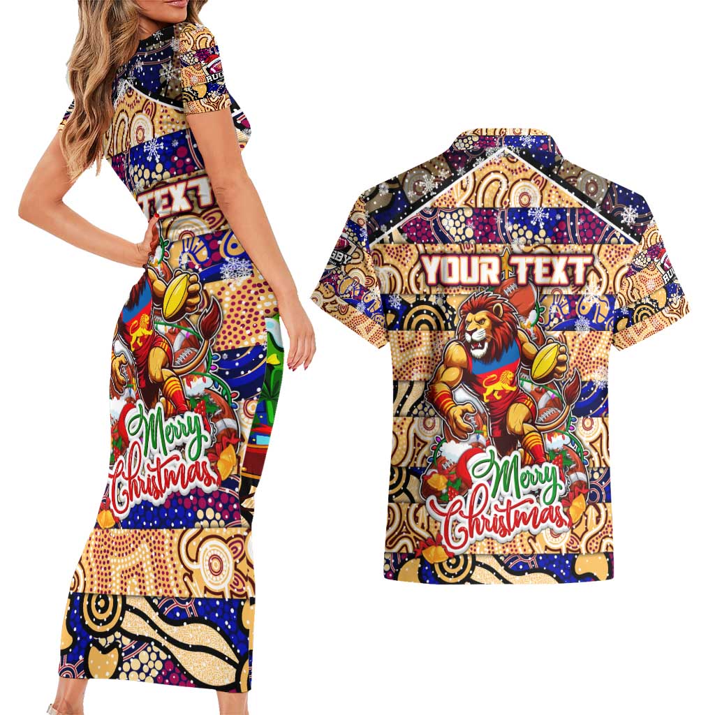Custom Lions Rugby Merry Christmas Couples Matching Short Sleeve Bodycon Dress and Hawaiian Shirt Indigenous Australian Art