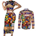 Custom Lions Rugby Merry Christmas Couples Matching Short Sleeve Bodycon Dress and Long Sleeve Button Shirt Indigenous Australian Art