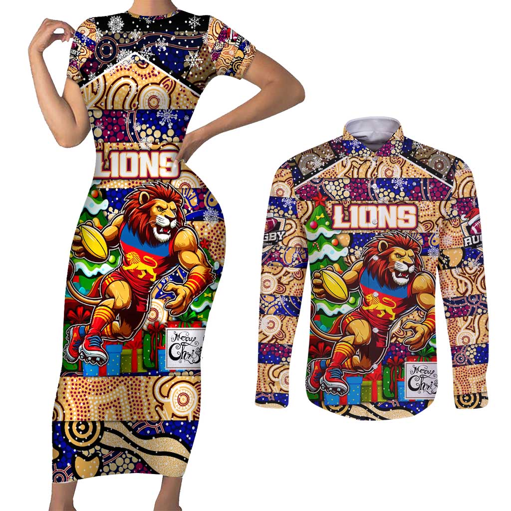 Custom Lions Rugby Merry Christmas Couples Matching Short Sleeve Bodycon Dress and Long Sleeve Button Shirt Indigenous Australian Art