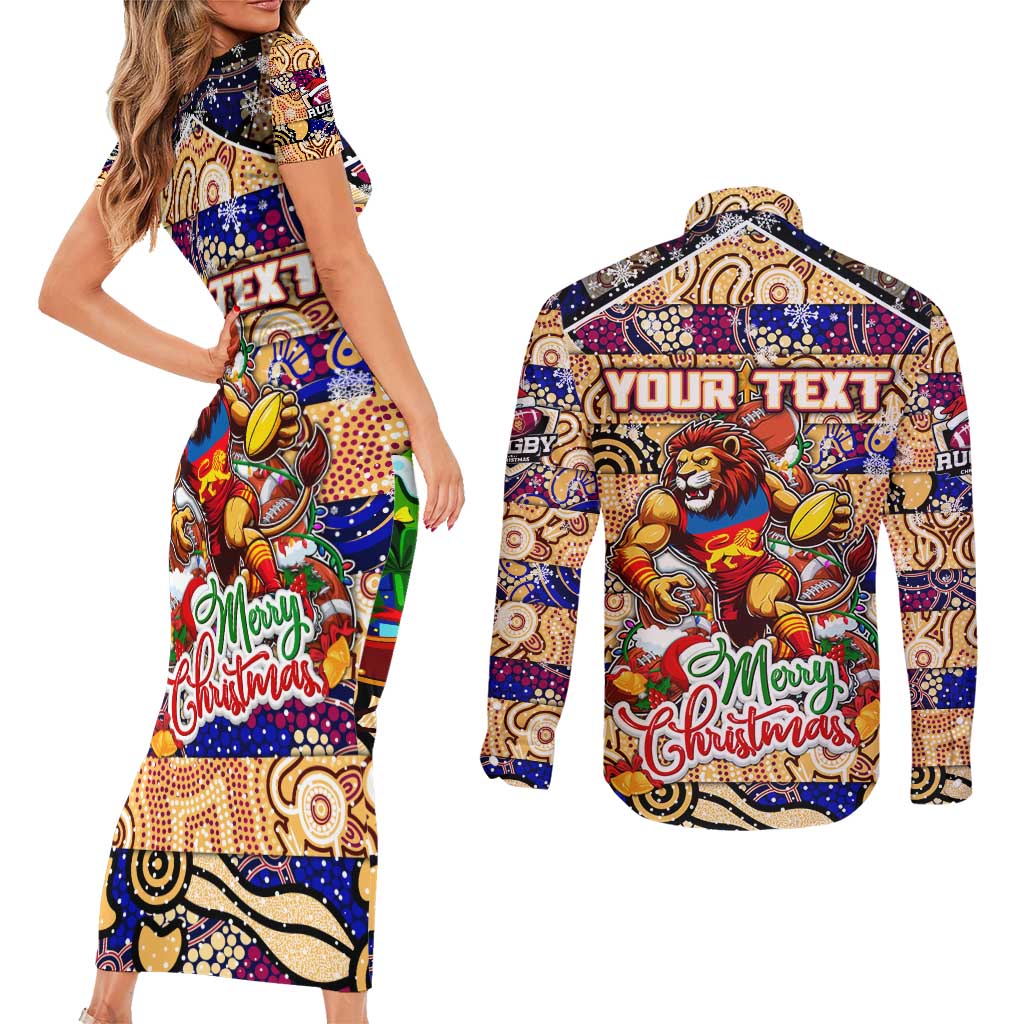 Custom Lions Rugby Merry Christmas Couples Matching Short Sleeve Bodycon Dress and Long Sleeve Button Shirt Indigenous Australian Art