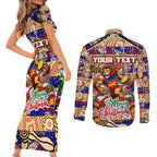 Custom Lions Rugby Merry Christmas Couples Matching Short Sleeve Bodycon Dress and Long Sleeve Button Shirt Indigenous Australian Art