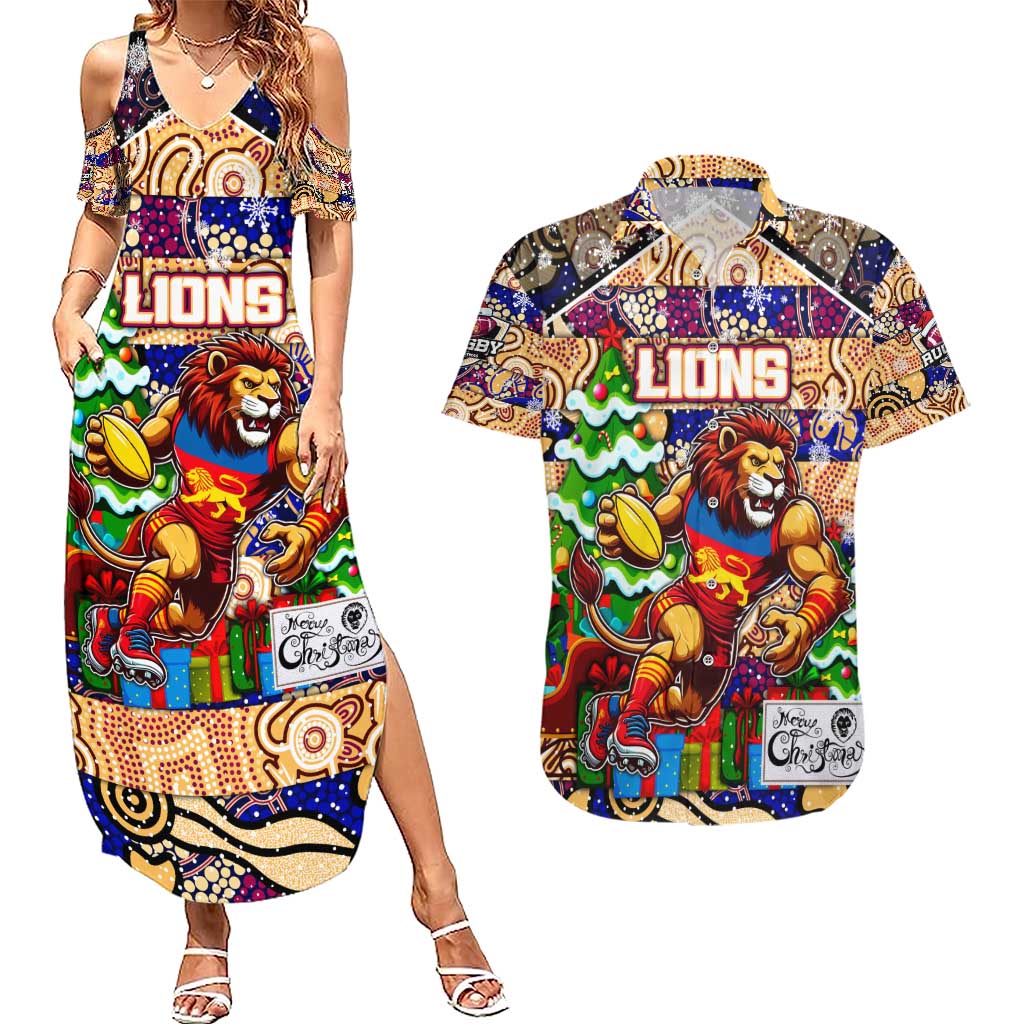 Custom Lions Rugby Merry Christmas Couples Matching Summer Maxi Dress and Hawaiian Shirt Indigenous Australian Art