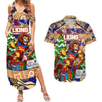 Custom Lions Rugby Merry Christmas Couples Matching Summer Maxi Dress and Hawaiian Shirt Indigenous Australian Art
