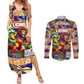 Custom Lions Rugby Merry Christmas Couples Matching Summer Maxi Dress and Long Sleeve Button Shirt Indigenous Australian Art
