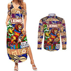 Custom Lions Rugby Merry Christmas Couples Matching Summer Maxi Dress and Long Sleeve Button Shirt Indigenous Australian Art