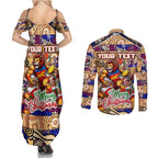 Custom Lions Rugby Merry Christmas Couples Matching Summer Maxi Dress and Long Sleeve Button Shirt Indigenous Australian Art