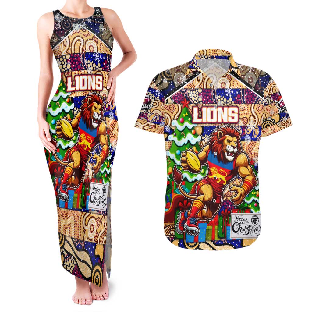 Custom Lions Rugby Merry Christmas Couples Matching Tank Maxi Dress and Hawaiian Shirt Indigenous Australian Art