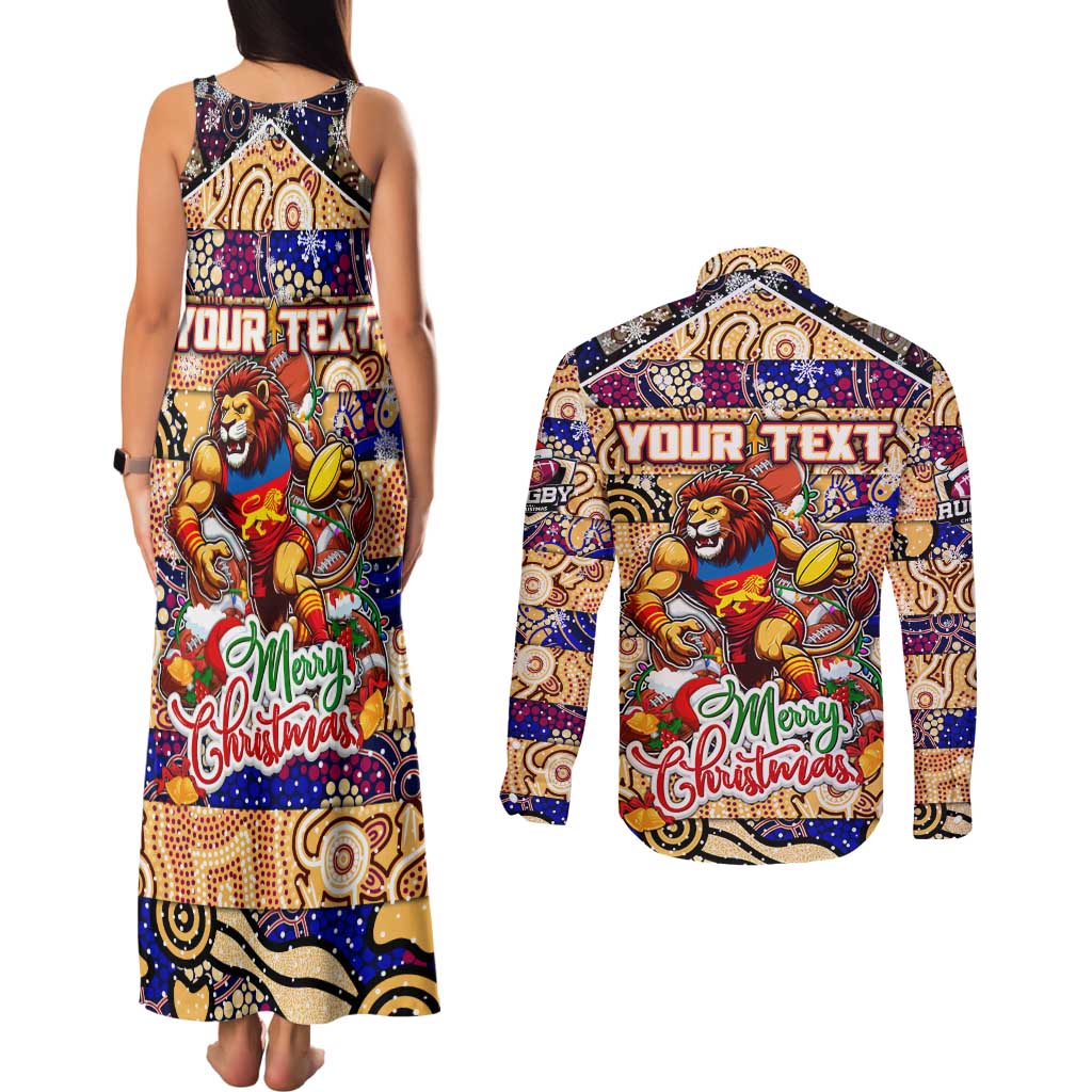 Custom Lions Rugby Merry Christmas Couples Matching Tank Maxi Dress and Long Sleeve Button Shirt Indigenous Australian Art