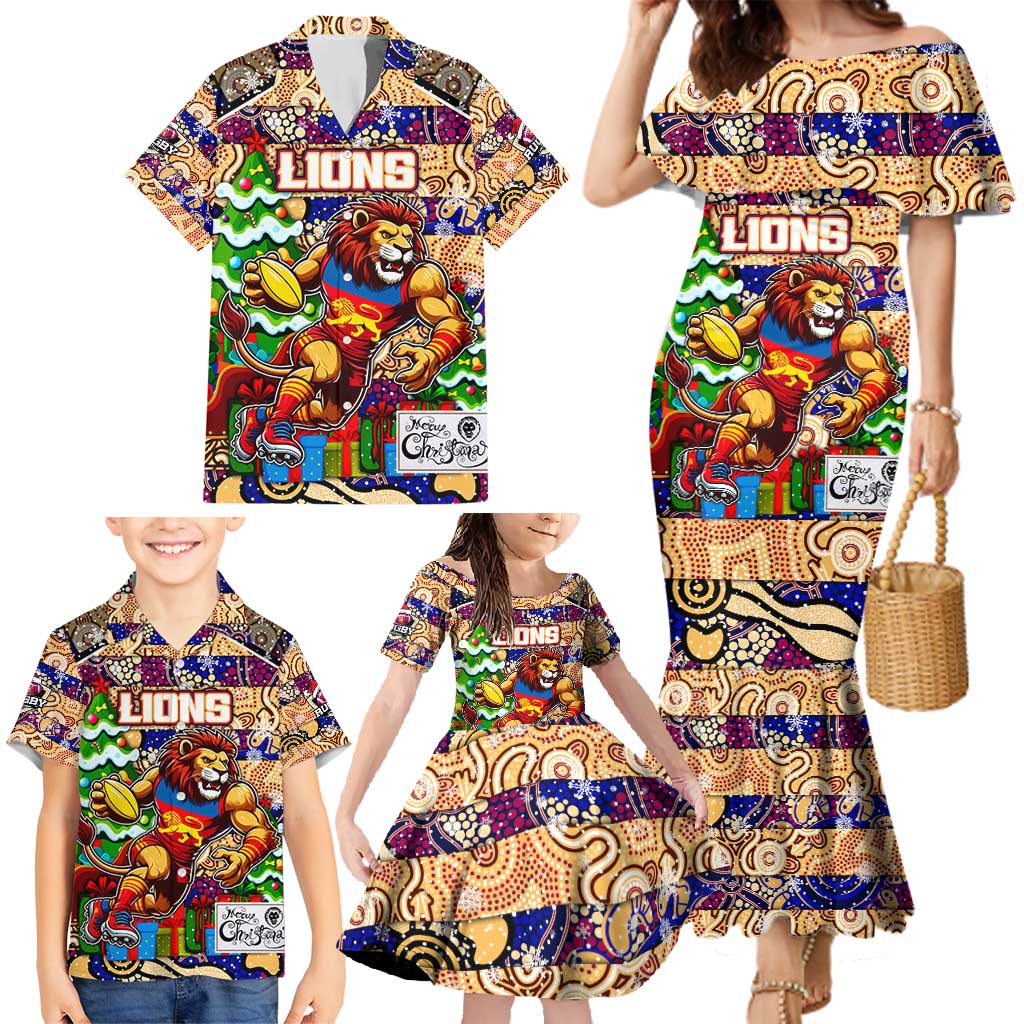 Custom Lions Rugby Merry Christmas Family Matching Mermaid Dress and Hawaiian Shirt Indigenous Australian Art